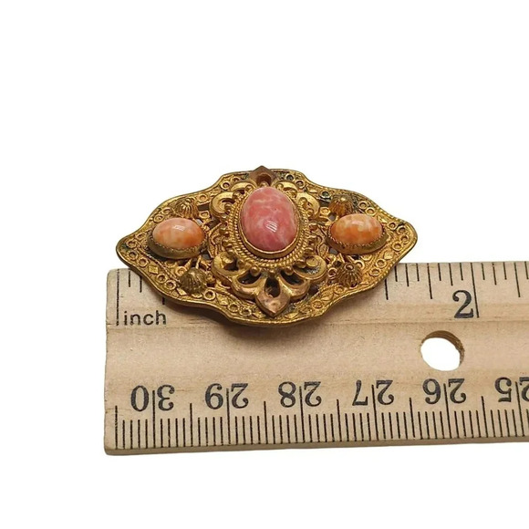 Antique Victorian Elegant Coral Art Glass Gold-tone Filigree Brooch - Picture 4 of 4